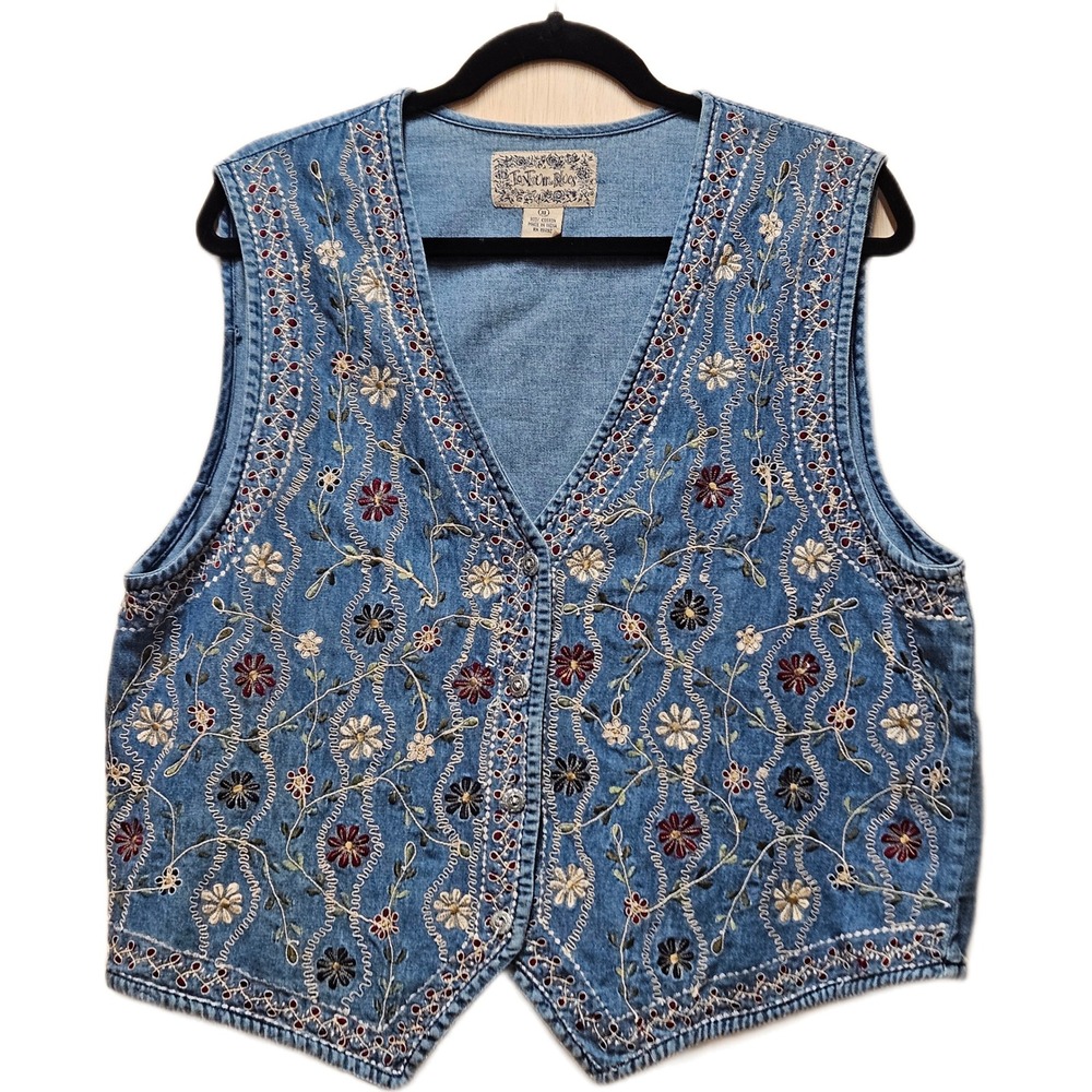 Vintage BTantrum Blues Denim Floral & Vine Embroidered Button Front Vest Size X